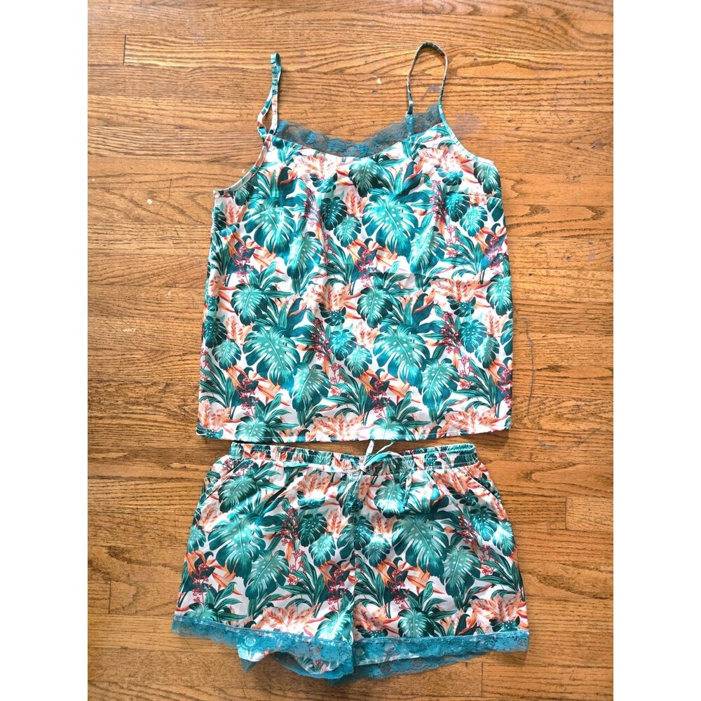 Tabitha Webb Sleepwear 2 Piece Camisole Shorts Silky Satin w/Lace Tropical
